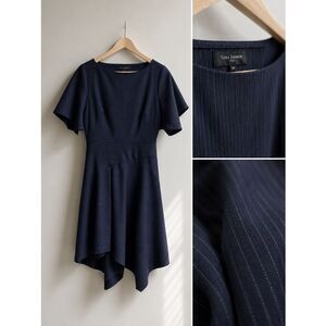 Tara Jarmon 100% Wool Pinstripe Dress Sz 38 Navy Fit & Flare Work Office Classic